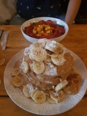 Tofu Shakshuka and vegan peanut butter and banana pancakes at KAI in Leicester