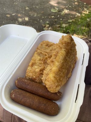Vegan Fish cakes and vegan sausages  at Brockley's Rock in South East London