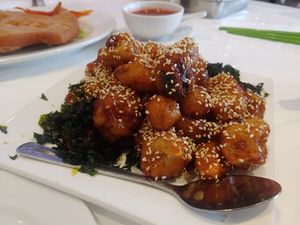 Sesame “chicken"  at Lotus Pond Vegetarian Restaurant in Scarborough