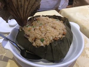 Fried rice wrapped in lotus leave at Lotus Pond Vegetarian Restaurant in Scarborough