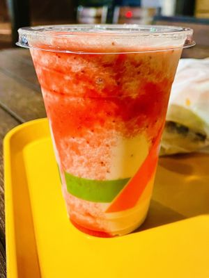 Strawberry Oat-based Milkshake. Delicious✨ at Plant Power Fast Food in Redlands