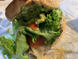 Close up guacamole burger  at Plant Power Fast Food in Redlands