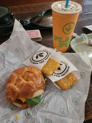 Bacon Egg and Cheese Croissant Meal with 2 Hashbrowns and 20oz Caramel Cold Brew at Plant Power Fast Food in Redlands
