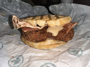 Chicken & Waffles Sandwich  at Plant Power Fast Food in Redlands