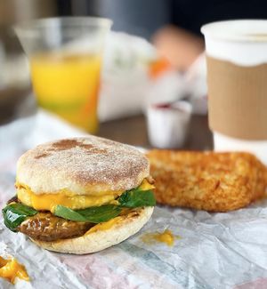 Sausage, egg muffin (Photo posted on behalf of @mrvegan_in_sandiego.) at Plant Power Fast Food in Redlands