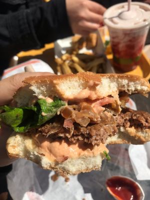 Voo doo burger without cheese. The patty, sauce and grilled onions taste amazing together!! at Plant Power Fast Food in Redlands