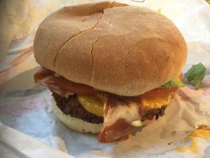 Fake bacon fake cheese burger  at Plant Power Fast Food in Redlands