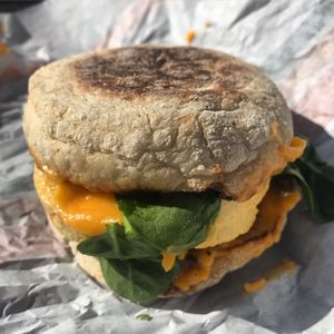 “Egg & Sausage” McMuffin at Plant Power Fast Food in Redlands