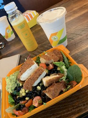 BBQ chicken salad and PB shake at Plant Power Fast Food in Redlands