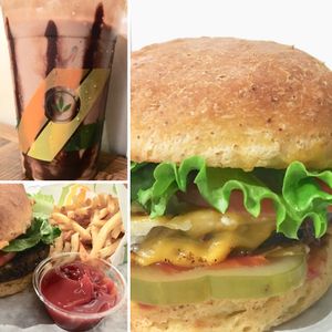 Chocolate milkshake, Big Zac, and the Classic Bean Patty with cheese on a GF bun at Plant Power Fast Food in Redlands