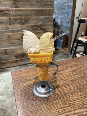 Yuuuuum. Left side vanilla and molasses, right side pistachio   at Premarché Gelateria in Tokyo