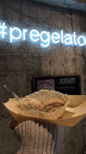 Yuzu honey sorbet and brown rice caramel gelato ?  at Premarché Gelateria in Tokyo