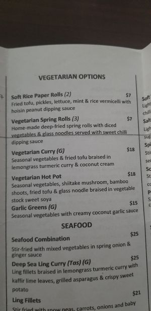 Veg menu at Mekong in Launceston