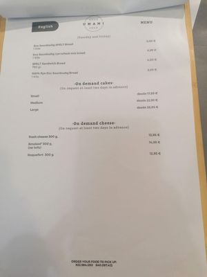 Menu at Umami Good Food in Tenerife