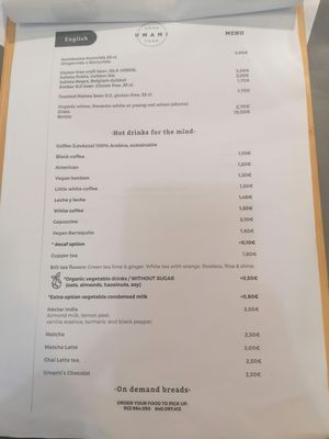 Menu at Umami Good Food in Tenerife