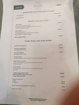 Menu at Umami Good Food in Tenerife