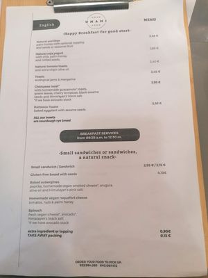 Menu at Umami Good Food in Tenerife