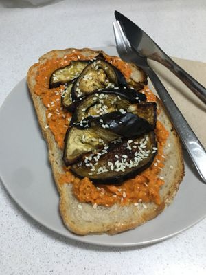 Tosta de romesco con berenjena horneadas at Umami Good Food in Tenerife