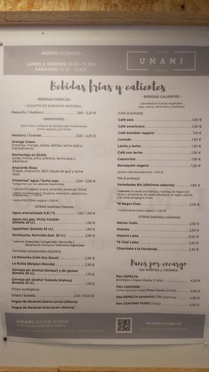 Carta de bebidas at Umami Good Food in Tenerife