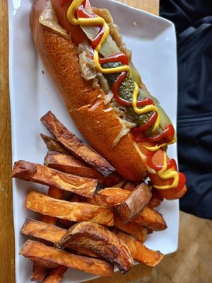 Hotdog with sweet potato fries at Eatwell in Beckenham