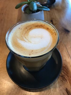 Turmeric cinnamon latte  at Eatwell in Beckenham
