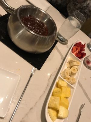 Vegan chocolate, pineapple, banana, and strawberry. at The Melting Pot in Red Bank