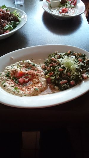 Baba Ghannouj & tabbouleh part of the 3 different vegan combination.  at Aladdin in Reading