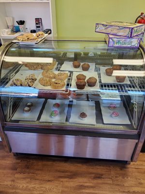 Bakery display with biscuits at the top. They had bacon and sausage that day at Apron Strings in Ocean Springs