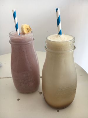 Soy strawberry and banana milkshake and an iced coffee  at deli on the hill in Tenerife