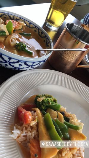 Red Curry (I chose mild and it still has a kick!) and a Moscow Mule. They do not fry their tofu (which I loved) and will customize the spice level for you. Easy + Satisfying!  at Sawasdee By The Sea in Santa Cruz