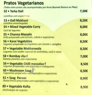 Vegetarian options (almost all can be made vegan)  at Farah's Tandoori in Carcavelos