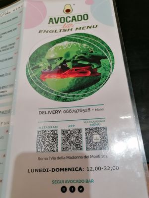 Opening times and QR code for online menu at Avocado Bar in Rome