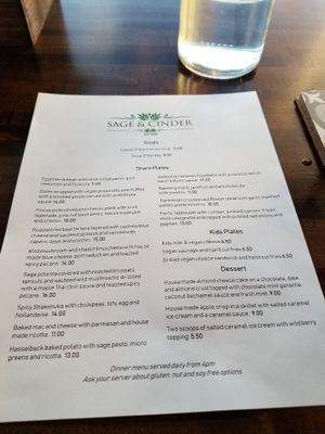 Menu at Sage and Cinder in Mukilteo