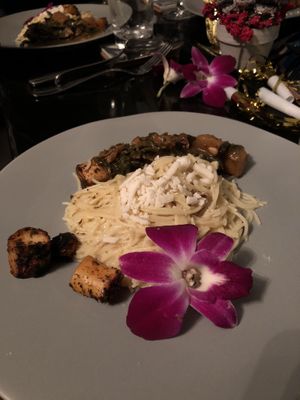 “Oyster scallops” made from mushrooms  with coconut lemon beurre blanc over angel hair pasta at Sage and Cinder in Mukilteo