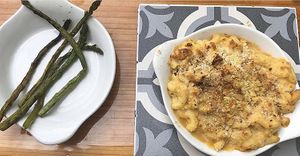 Vegan mac and cheese and a side of asparagus  at Sage and Cinder in Mukilteo