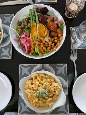 Award winning Vegan mac and cheese, and Niçoise salad . at Sage and Cinder in Mukilteo