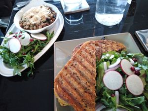 Fried green tomato, mushroom bacon, mozzarella sandwich at Sage and Cinder in Mukilteo