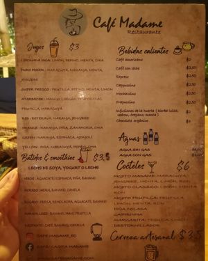 Menu at Cafe Madame in Puerto Lopez