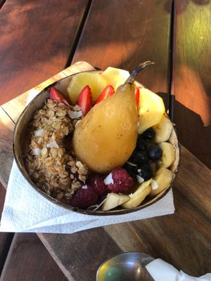 Chia Pudding Granola with poached pear at Vybe Cafe in Emerald