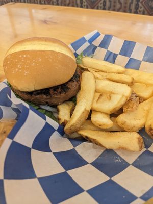 Vegan burger & fries at Annie Creek Restaurant and Gift Shop in Crater Lake Hwy