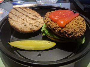 Vegan Burger [£10.70] (in 2018) – between Ancient Grain Bun with fries swapped to sweet potato fries at All Bar One in Cambridge