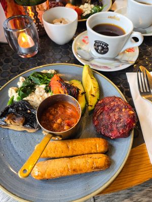 THE VEGAN BREAKFAST 3 of your 5 a day. Scrambled tofu with spinach, vegan sausages, tomato and chickpea stew, roasted mushroom, avocado and beetroot hash at All Bar One - Waterloo in South East London