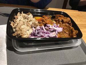 Coleslaw (purple middle ) “Chicken”  shawarma (left) char sui pork(middle)  Bali unbeef(right) at Mathilda's in Oshawa