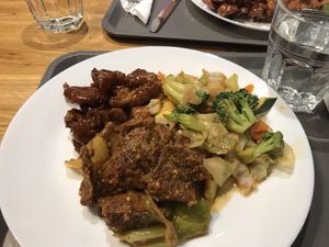 Chicken teriyaki, veggie stir fry, and unbeef stir fry - all vegan! at Mathilda's in Oshawa