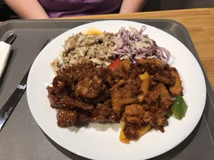 Chicken shawarma, coleslaw, pork char sui, and teriyaki chicken. -all vegan! at Mathilda's in Oshawa