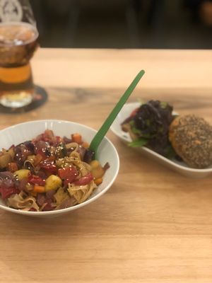 Rice noodles with vegetables & a pincho sized burg  at The Veggie Carmen in Santiago De Compostela