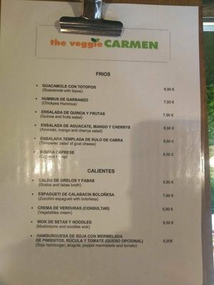 Menu at The Veggie Carmen in Santiago De Compostela