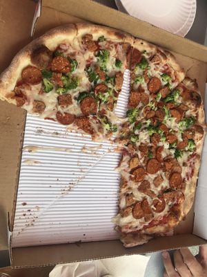 Vegan pie w/ tempeh bacon, pepperoni, onions and broccoli - really good!  at Molino's in Cape May