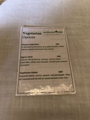 Menu at Hotel Jaguar Inn in Tikal