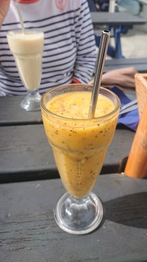 Mango Delight Smoothie - delicious freshly prepared smoothie. Paper straws were available but I used my own metal straws. at Cafe Mylor in Falmouth